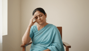 ঘন ঘন মাথা ঘোরার কারণ – একজন বাংলাদেশি নারী মাথা ঘোরার ভাব দেখাচ্ছেন, হালকা অস্বস্তি নিয়ে চেয়ারে বসে আছেন